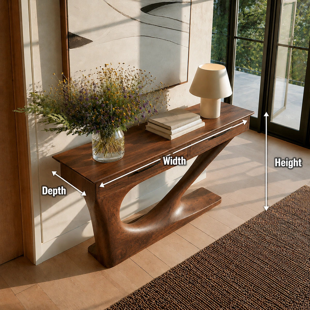 Solid Wood Console Table with Drawers and Sculptural Base