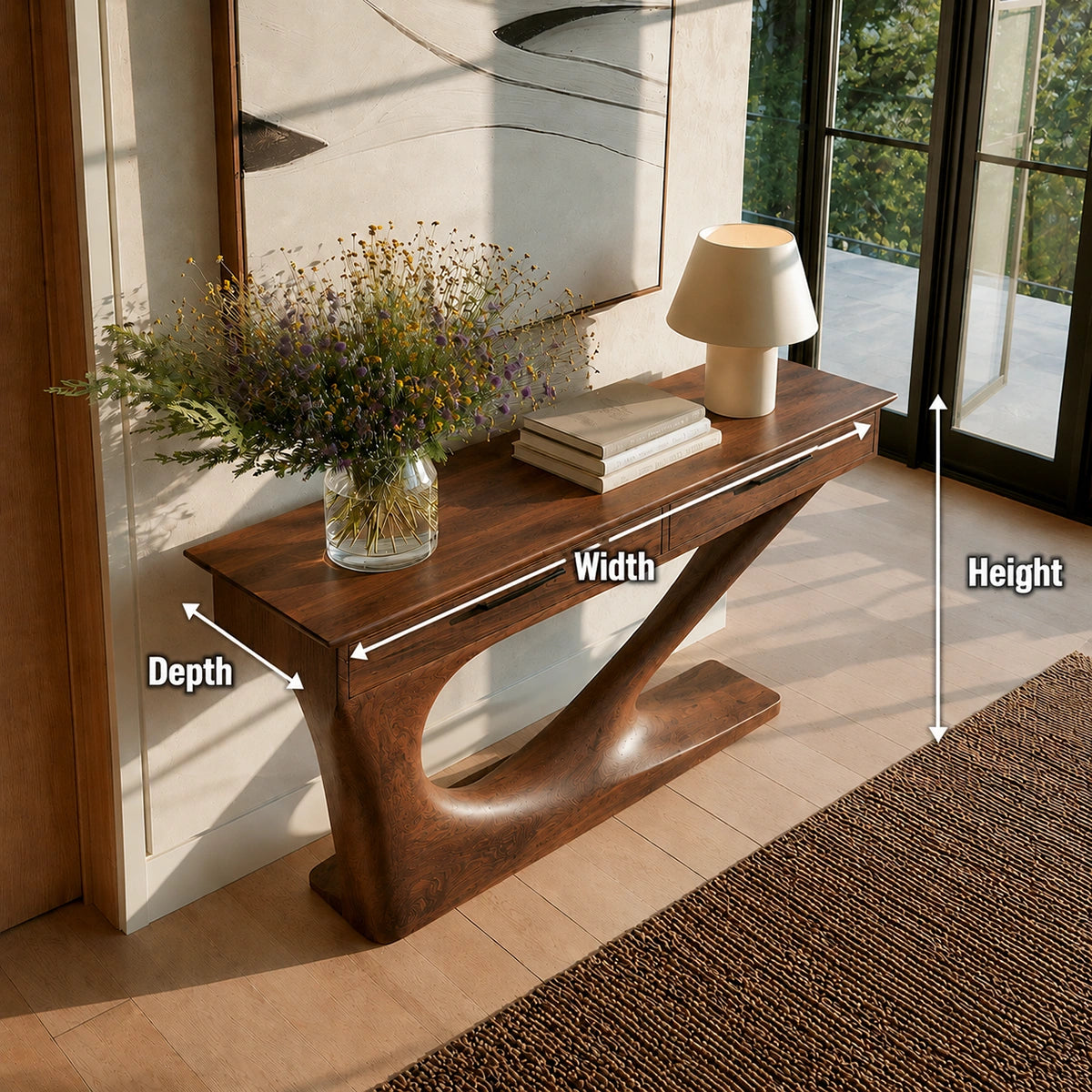 Solid Wood Console Table with Drawers and Sculptural Base