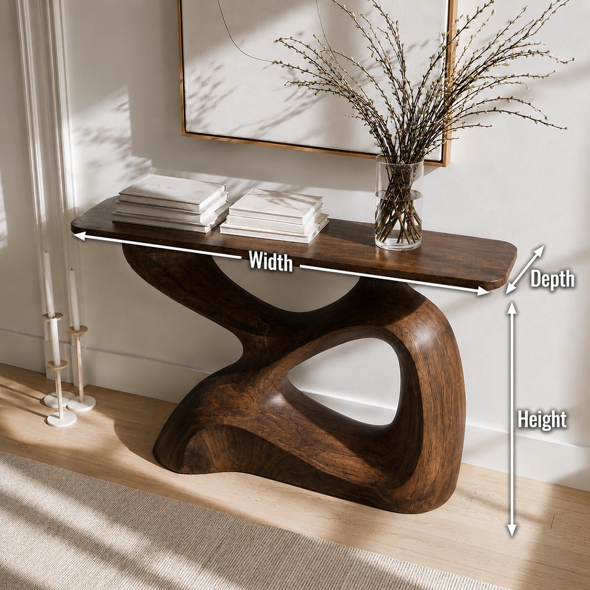Sculptural Solid Wood Console Table with Organic Open Base