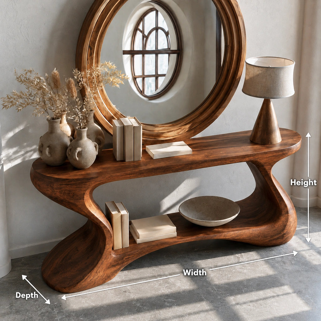 Sculptural Solid Wood Console Table with Open Shelf