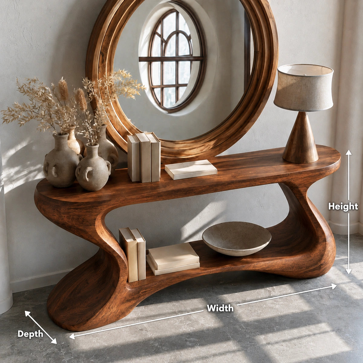 Sculptural Solid Wood Console Table with Open Shelf