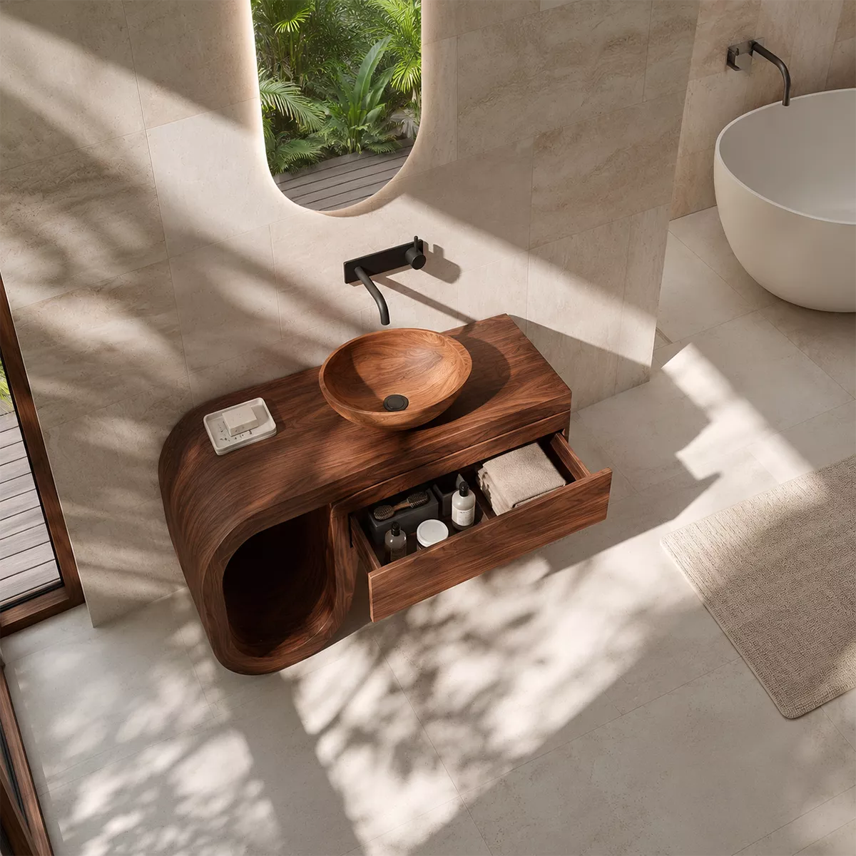 Floating Walnut Wood Bathroom Vanity With Curved U Frame And Hidden Drawer Storage