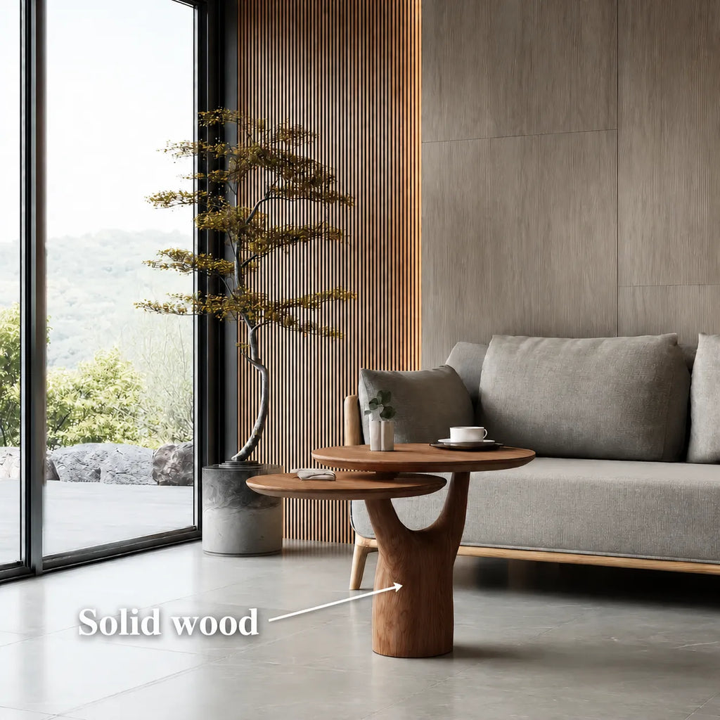 Tiered Natural Solid Wood Coffee Table with Sculptural Pedestal Base