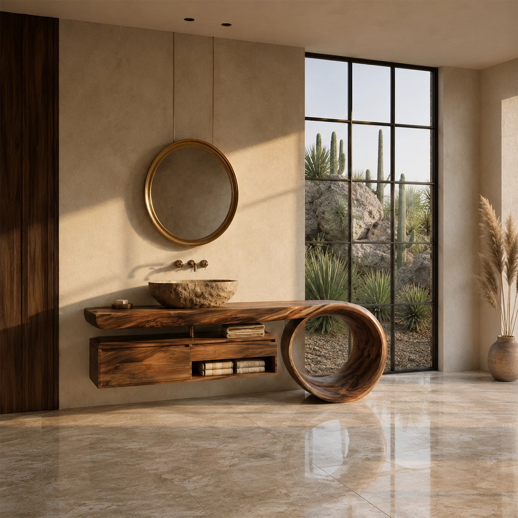 Organic Floating Bathroom Vanity With Live Edge Wood Top & Sculptural Loop Base