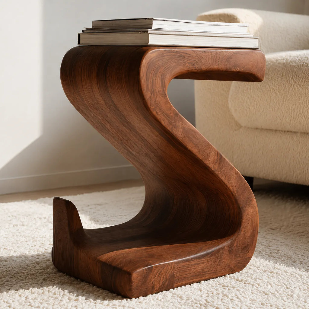 Sculptural Natural Solid Wood Side Table with Curved S Base