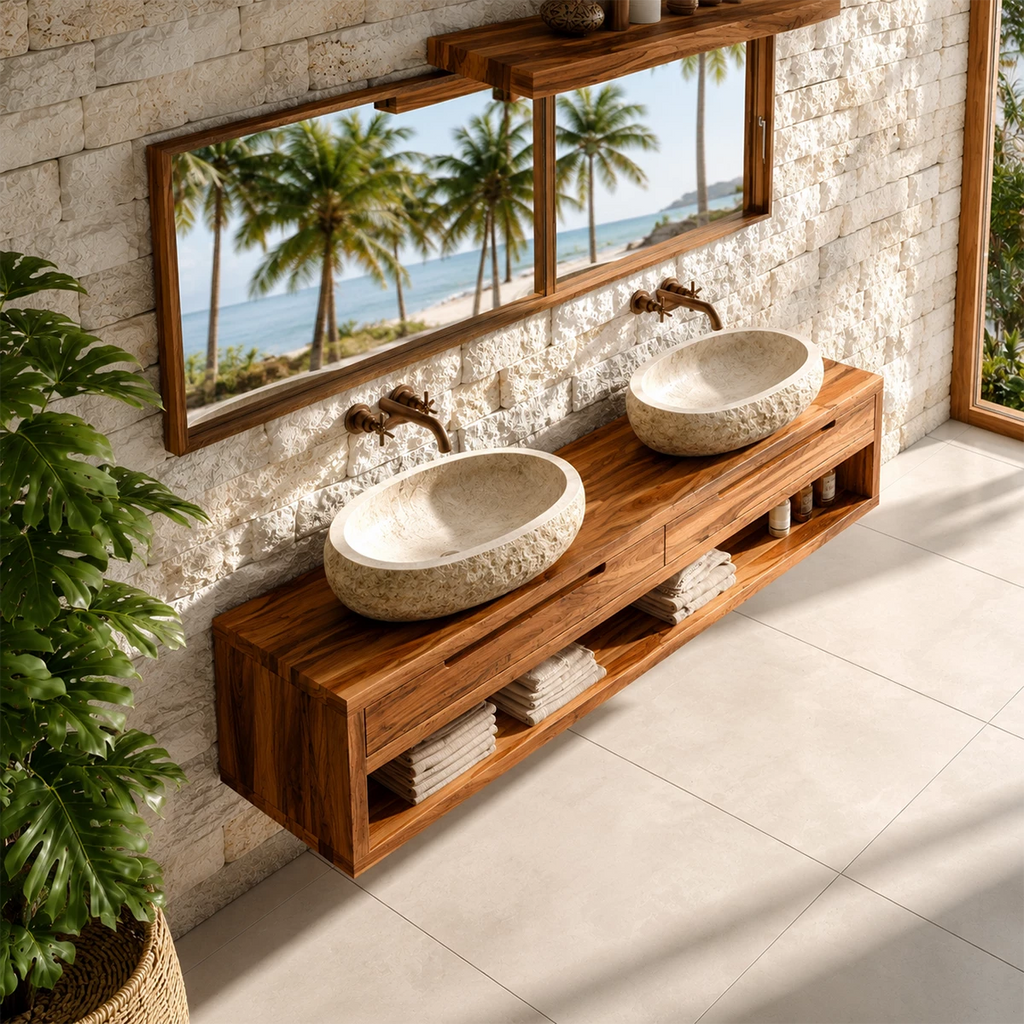 Floating Double Bathroom Vanity With Natural Solid Wood Storage
