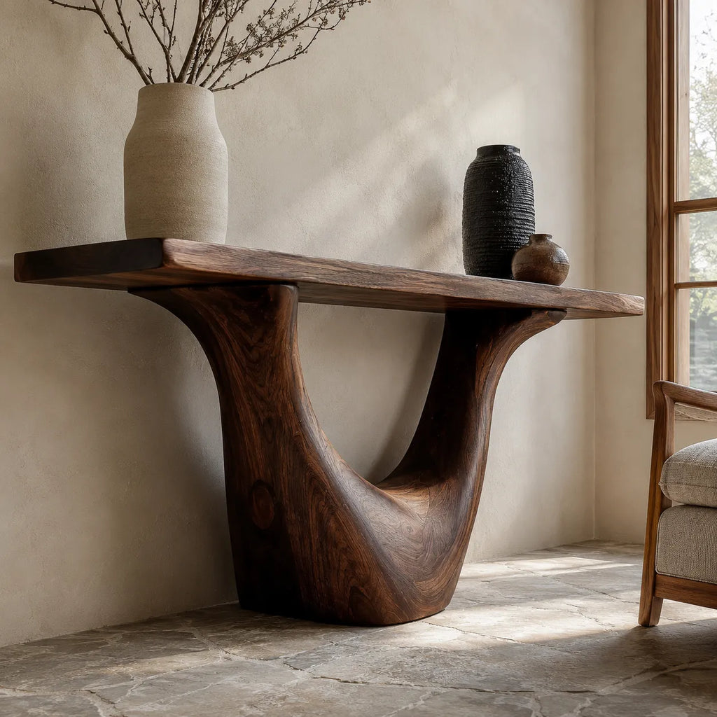 Organic Natural Solid Wood Console Table with Sculptural Open Base