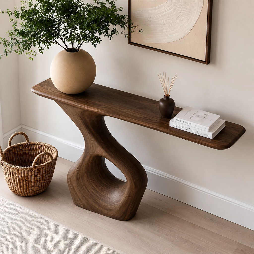Natural Solid Wood Console Table with Abstract Cutout Pedestal Modern Style