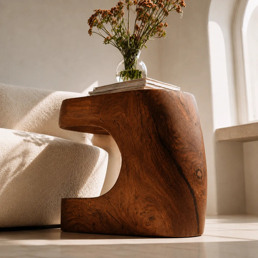Natural Solid Wood Side Table with Sculptural Open Base
