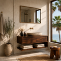Floating Solid Wood Bathroom Vanity With Vessel Sink & Open Towel Shelf