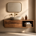 Natural Solid Wood Floating Bathroom Vanity with Concealed Storage and Open Shelf