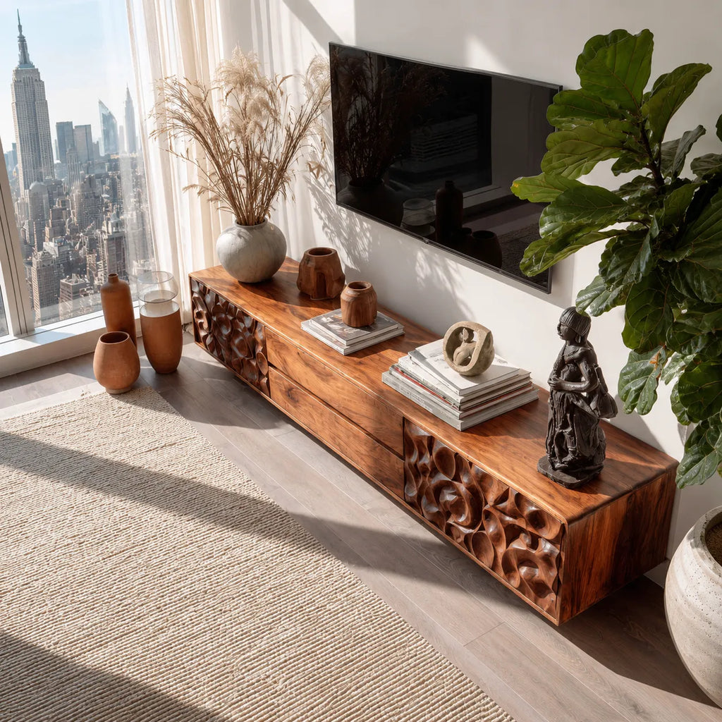 Carved Natural Solid Wood TV Stand with Sculptural Drawer Fronts