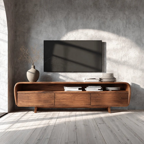 Curved Natural Solid Wood TV Stand with Open Shelf and 3 Drawers