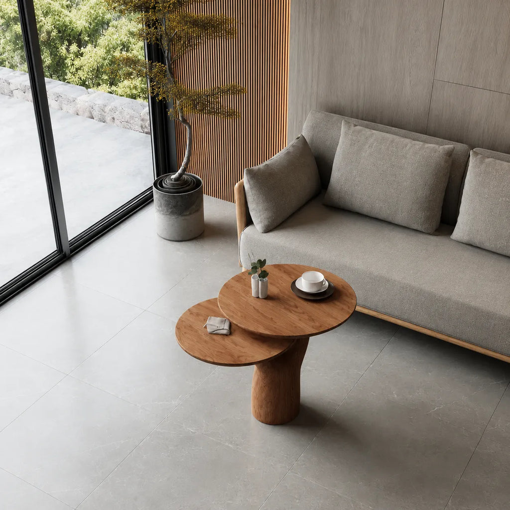 Tiered Natural Solid Wood Coffee Table with Sculptural Pedestal Base