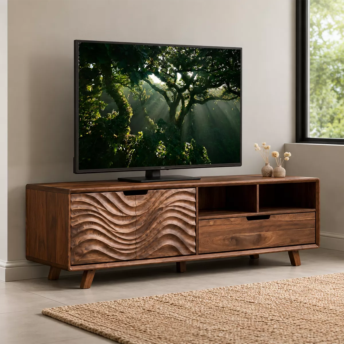 Handcrafted Solid Wood TV Stand With Sculptural Wave Carved Doors And Open Storage Shelves