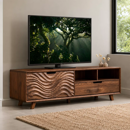 Handcrafted Solid Wood TV Stand With Sculptural Wave Carved Doors And Open Storage Shelves