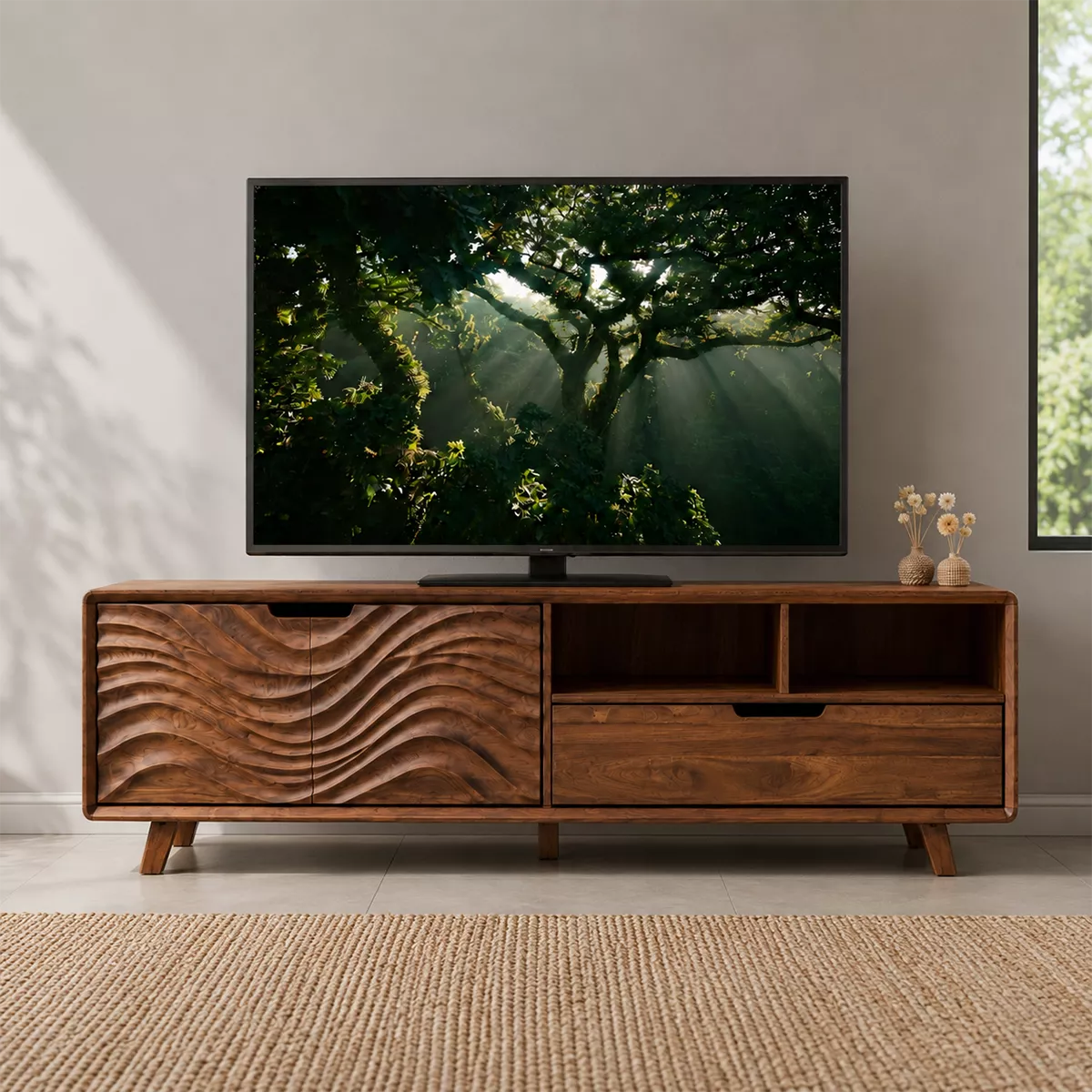 Handcrafted Solid Wood TV Stand With Sculptural Wave Carved Doors And Open Storage Shelves
