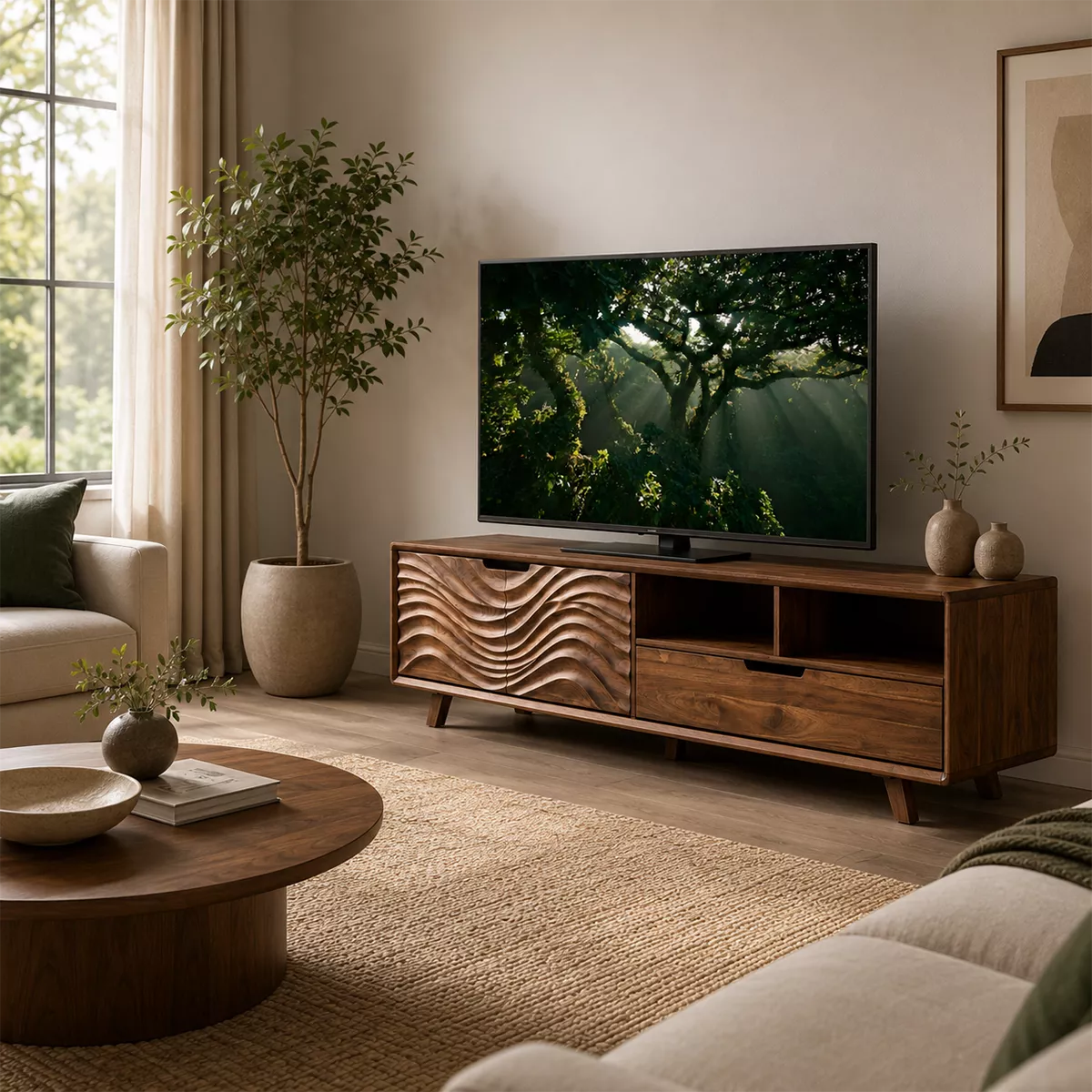 Handcrafted Solid Wood TV Stand With Sculptural Wave Carved Doors And Open Storage Shelves