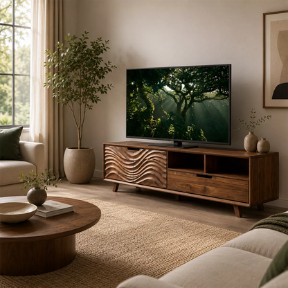 Handcrafted Solid Wood TV Stand With Sculptural Wave Carved Doors And Open Storage Shelves