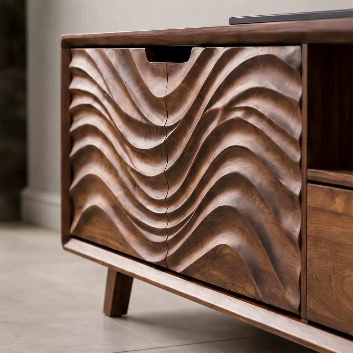 Handcrafted Solid Wood TV Stand With Sculptural Wave Carved Doors And Open Storage Shelves