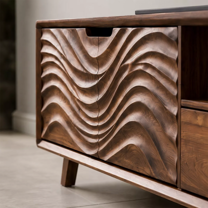 Handcrafted Solid Wood TV Stand With Sculptural Wave Carved Doors And Open Storage Shelves