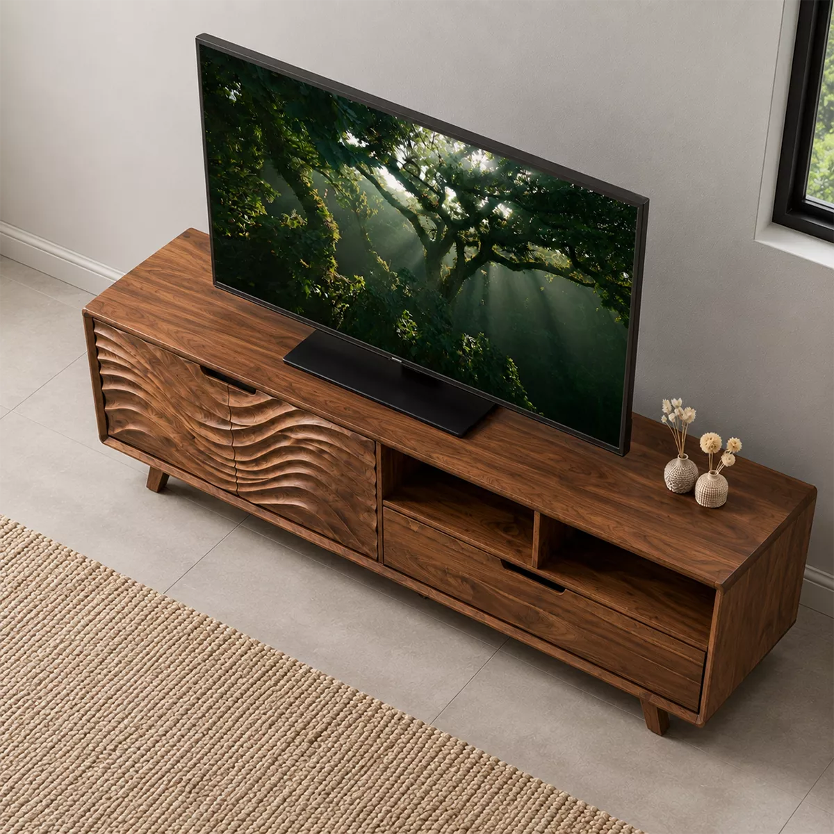 Handcrafted Solid Wood TV Stand With Sculptural Wave Carved Doors And Open Storage Shelves