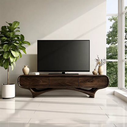 Organic Solid Wood TV Stand With Rounded Edges And Sculptural Curved Base