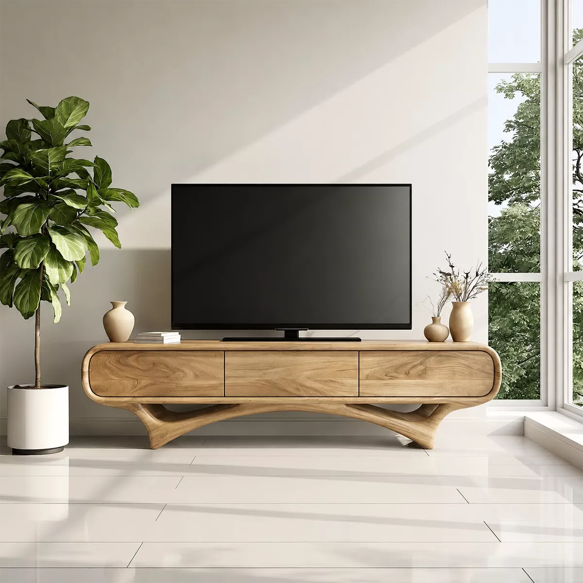 Organic Solid Wood TV Stand With Rounded Edges And Sculptural Curved Base