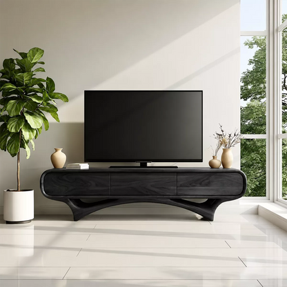 Organic Solid Wood TV Stand With Rounded Edges And Sculptural Curved Base