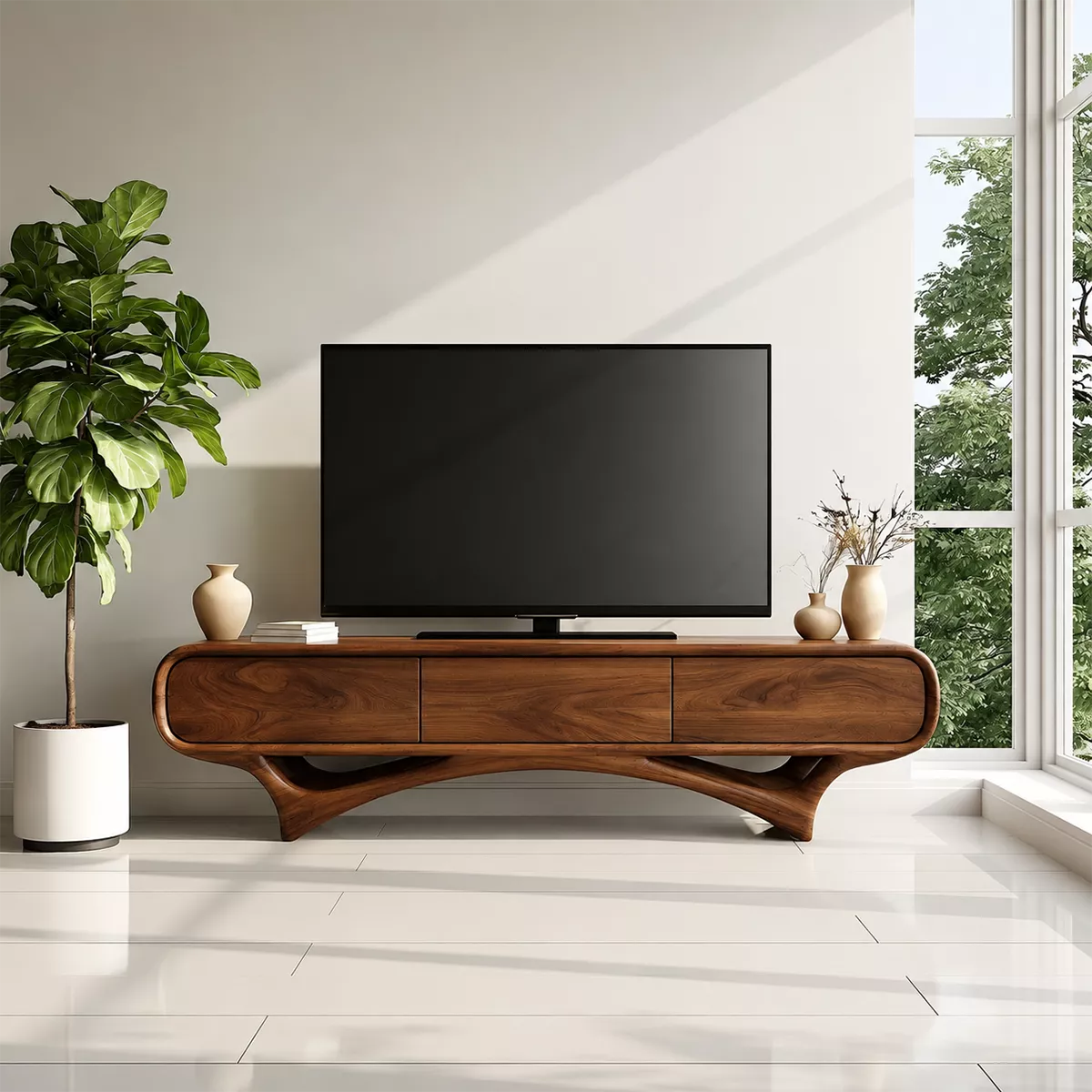 Organic Solid Wood TV Stand With Rounded Edges And Sculptural Curved Base