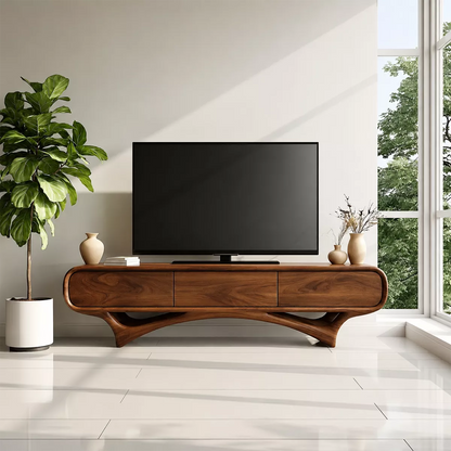Organic Solid Wood TV Stand With Rounded Edges And Sculptural Curved Base