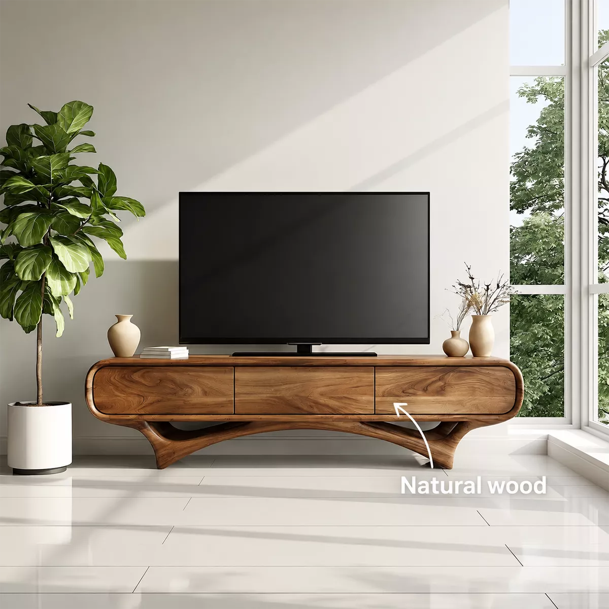 Organic Solid Wood TV Stand With Rounded Edges And Sculptural Curved Base