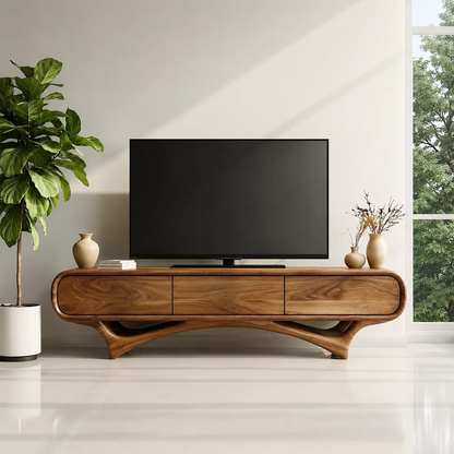 Organic Solid Wood TV Stand With Rounded Edges And Sculptural Curved Base