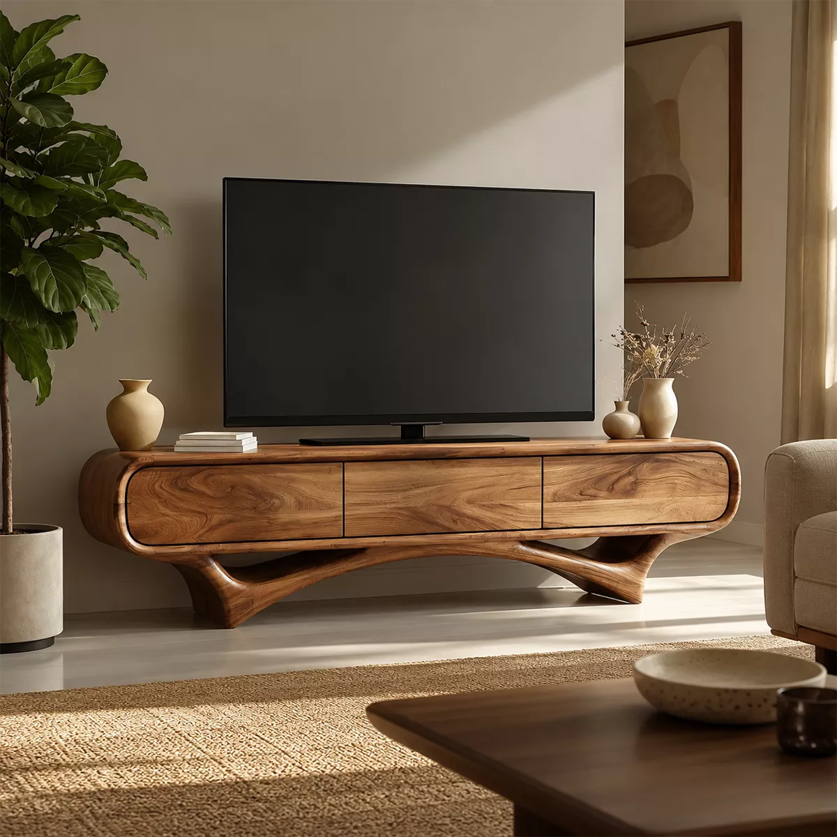 Organic Solid Wood TV Stand With Rounded Edges And Sculptural Curved Base