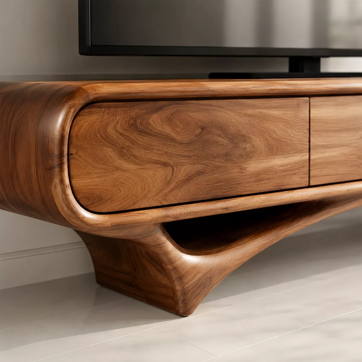Organic Solid Wood TV Stand With Rounded Edges And Sculptural Curved Base