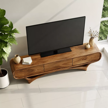 Organic Solid Wood TV Stand With Rounded Edges And Sculptural Curved Base