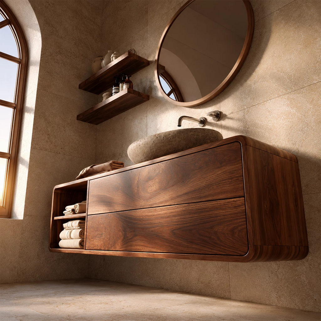 Natural Solid Wood Floating Bathroom Vanity with Two Drawers and Open Shelf