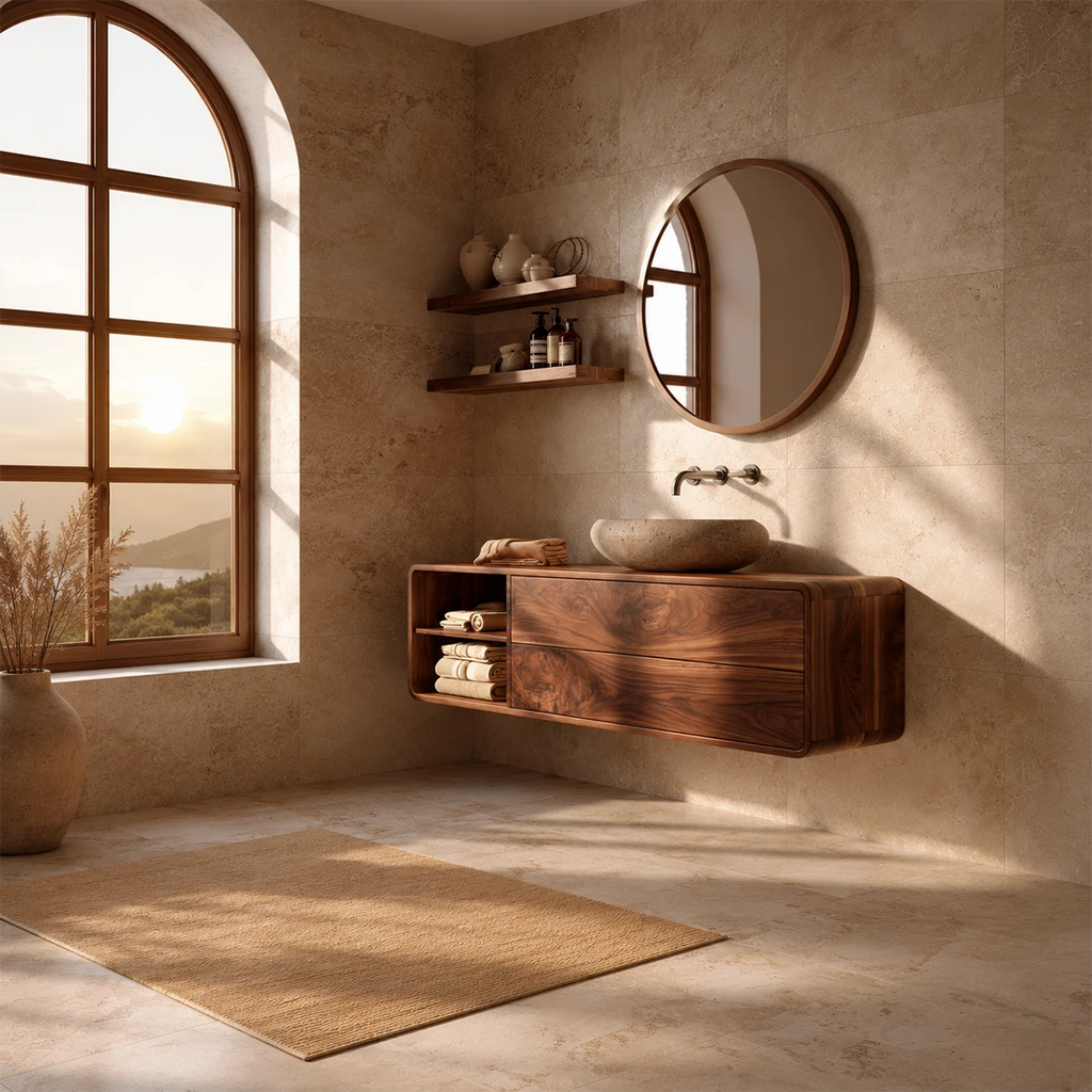 Natural Solid Wood Floating Bathroom Vanity with Two Drawers and Open Shelf