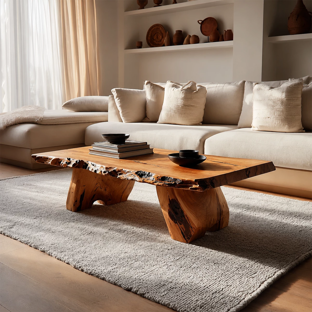 Live Edge Solid Wood Coffee Table With Rustic Natural Top And Block Legs For Modern Living Room