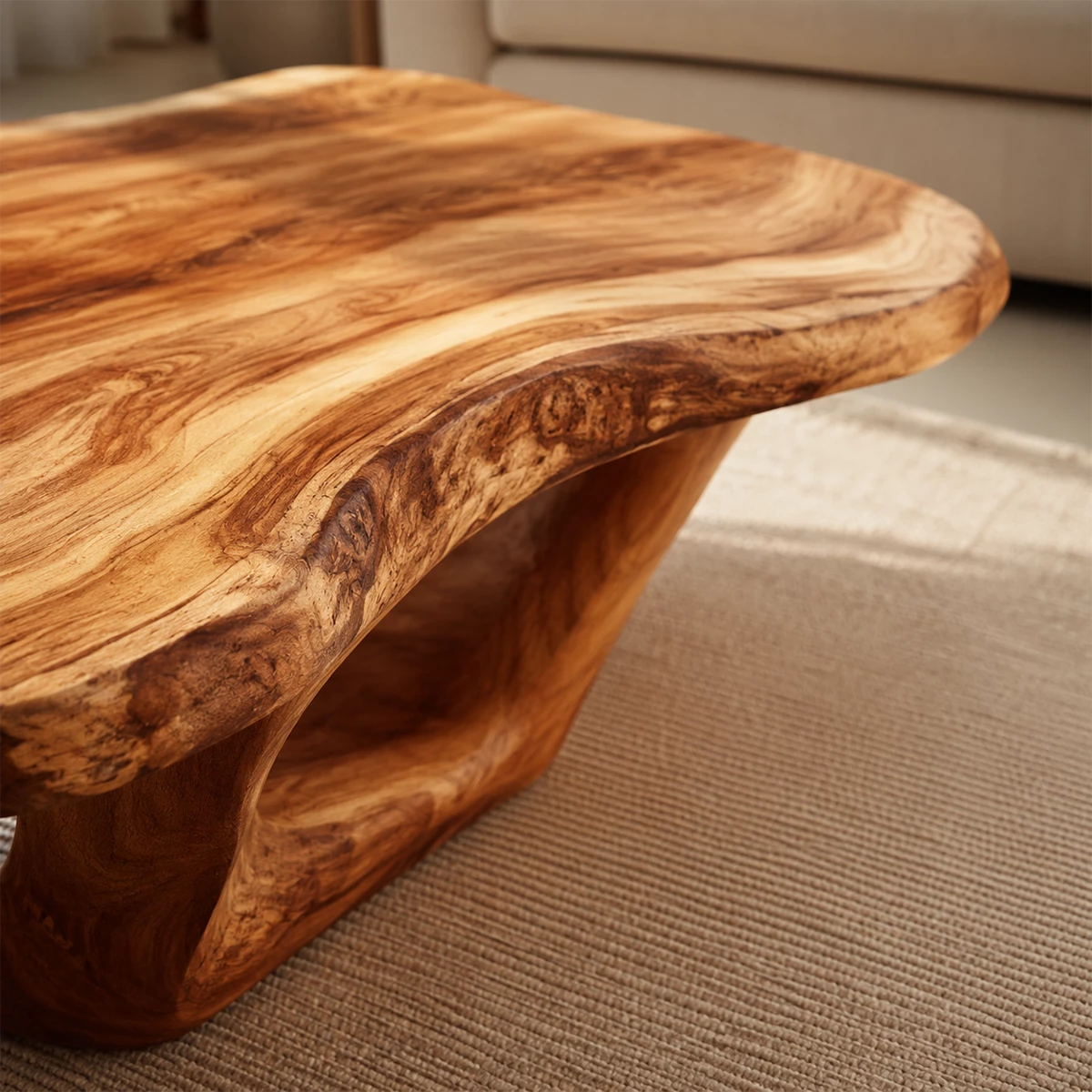 Organic Solid Wood Coffee Table With Live Edge Top And Sculptural Open Base For Modern Living Room
