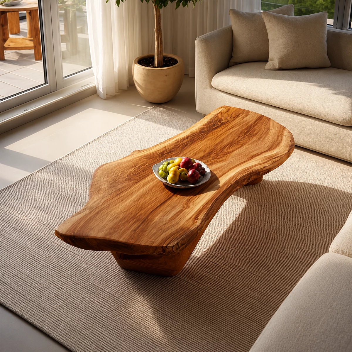 Organic Solid Wood Coffee Table With Live Edge Top And Sculptural Open Base For Modern Living Room