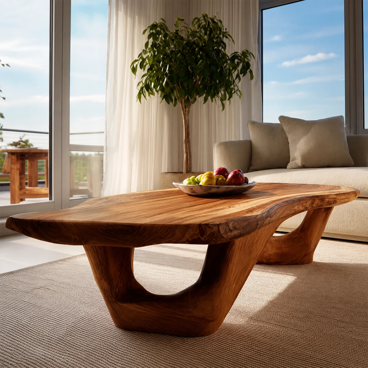 Organic Solid Wood Coffee Table With Live Edge Top And Sculptural Open Base For Modern Living Room
