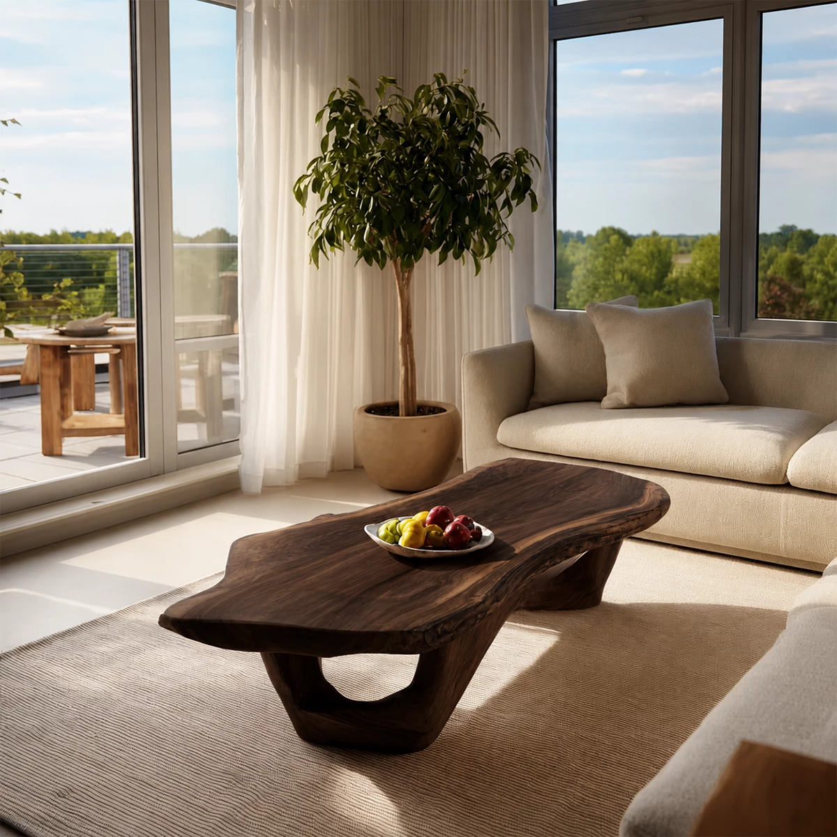 Organic Solid Wood Coffee Table With Live Edge Top And Sculptural Open Base For Modern Living Room