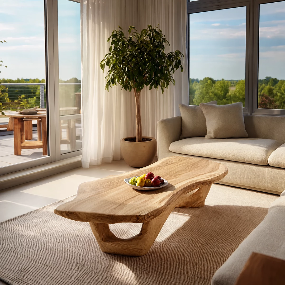 Organic Solid Wood Coffee Table With Live Edge Top And Sculptural Open Base For Modern Living Room