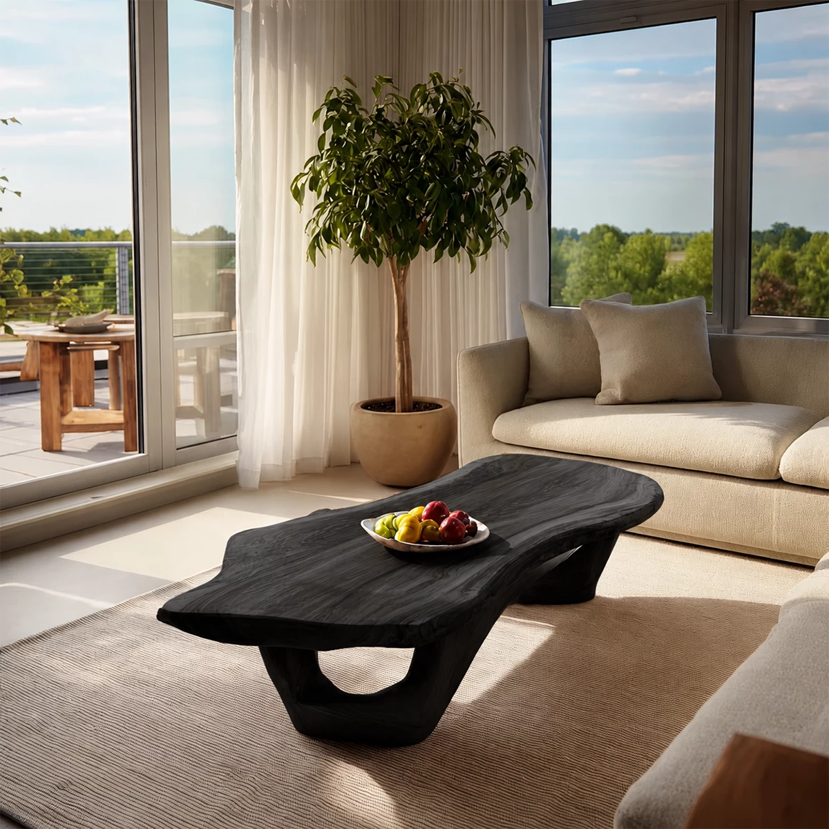 Organic Solid Wood Coffee Table With Live Edge Top And Sculptural Open Base For Modern Living Room
