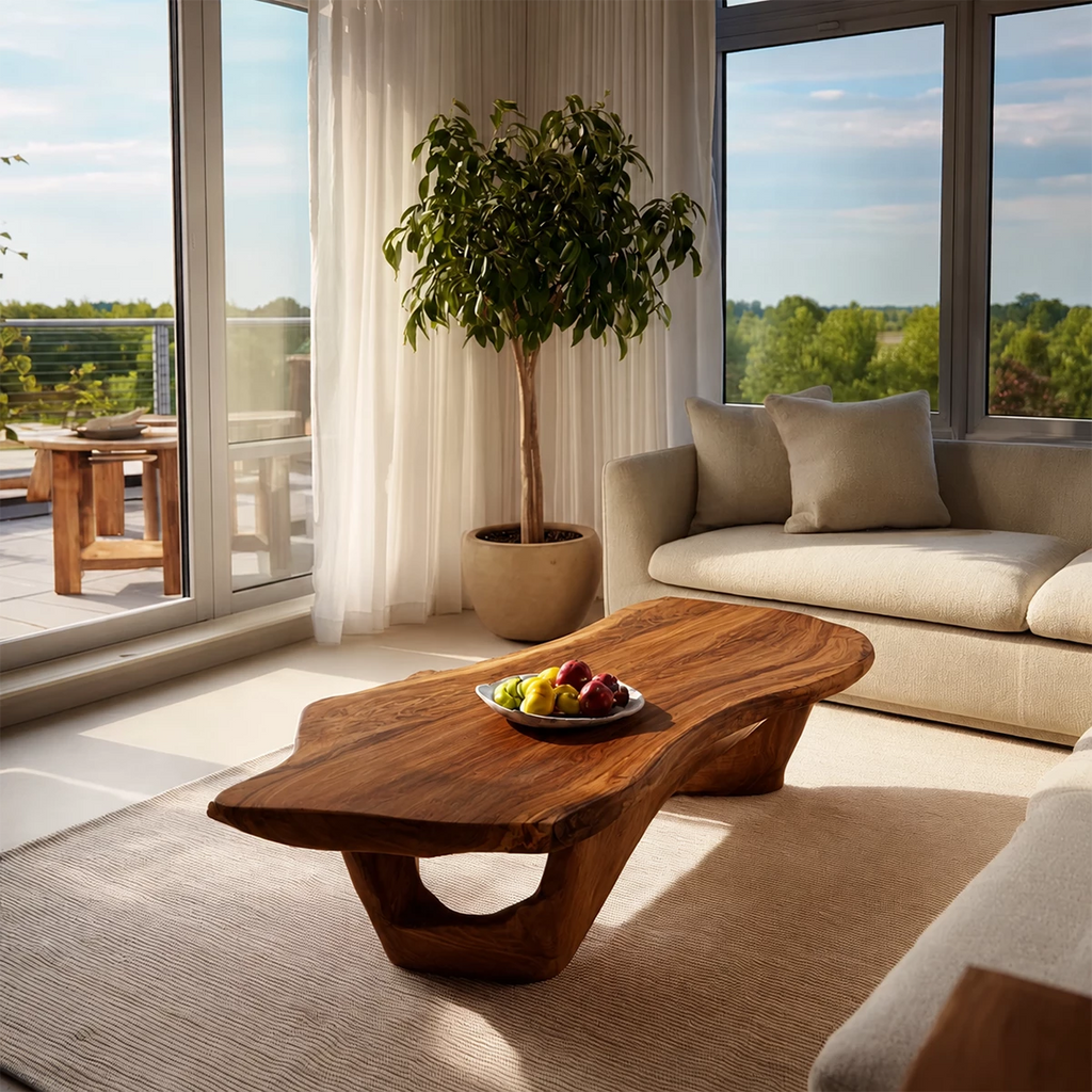 Organic Solid Wood Coffee Table With Live Edge Top And Sculptural Open Base For Modern Living Room