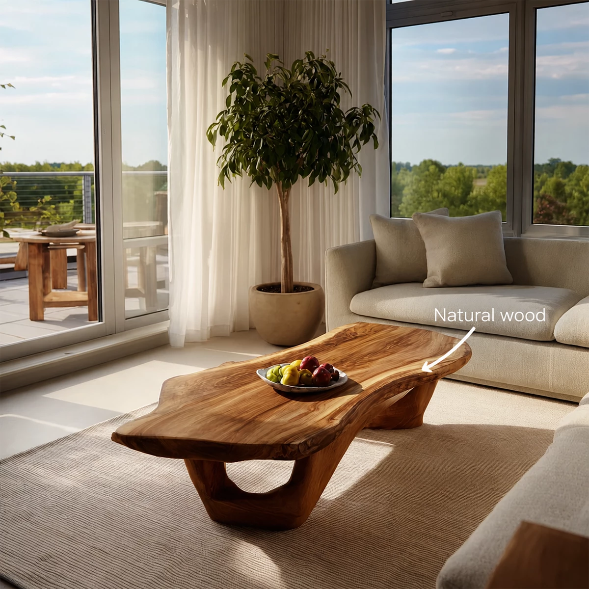 Organic Solid Wood Coffee Table With Live Edge Top And Sculptural Open Base For Modern Living Room
