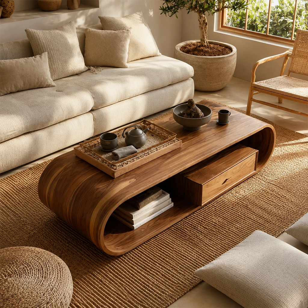 Sculptural Solid Wood Coffee Table With Curved Waterfall Base Storage Drawer And Open Shelf For Modern Living Room