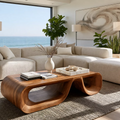 Sculptural Solid Wood Coffee Table With Double Open Wave Base And Natural Wood Grain For Modern Living Room