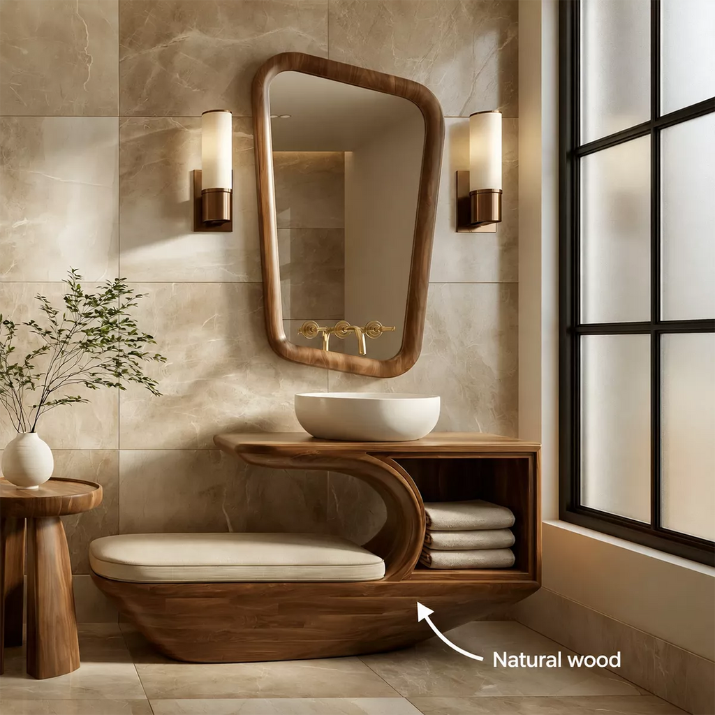 Solid Wood Bathroom Vanity With Integrated Bench Open Storage Shelf And Organic Mirror Frame